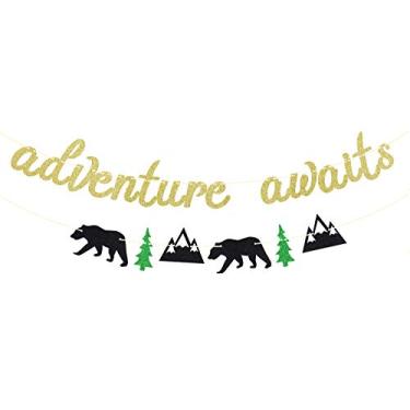 Imagem de Faixa Gold Glitter Adventure Awaits - Placa de parabéns Grad Bunting - Formatura/aposentadoria/viagem de bons/chá de bebê/festa em movimento/tema de viagem suprimentos para decorações de festa