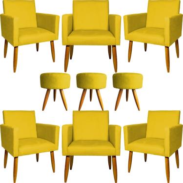 Imagem de Kit 6 Poltronas Decorativas Para Sala Cadeiras Reforçadas Para Recepção + 3 Puff Redondos Decorativos Tecido Suede De Cores Variadas Pé Castanho - Clique & Decore