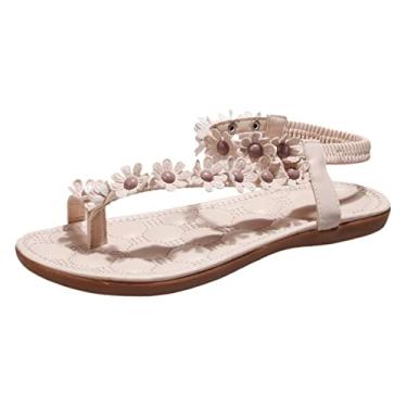 Imagem de Sandálias de cunha de pele de cobra para mulheres decoração de flores sandálias de dedo para mulheres Flat Floral Roma chinelos sandálias boho sapatos casuais (bege, 36)