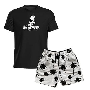 Imagem de Kit Short e Camiseta Opice Moda Praia Masculina Bermuda Leve Camisa Estampada (M, Preto Gelo)