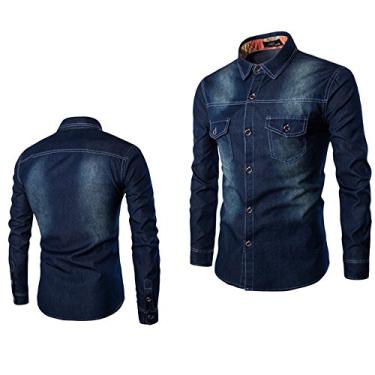 Imagem de Camiseta masculina gráfica blusa manga longa casual moda camisa slim fit jeans outono masculino 60 anos retrô, Azul-escuro, 4G