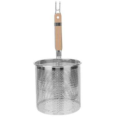 Imagem de Angoily Cesto de macarrão de malha coador de alimentos coador de panela quente com cabo de madeira redondo coador de aranha de malha de aço inoxidável para macarrão macarrão bolinho de massa vegetal