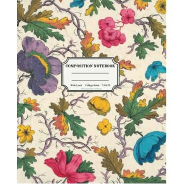 Imagem de Caderno de composição pautado na faculdade: Cottagecore botânico vintage, papel de parede floral antigo, diário estético, papoulas com flores rosa e azuis, caderno para escola forrado