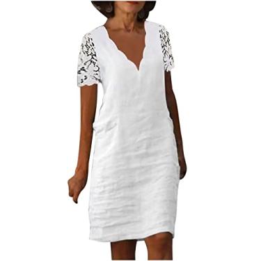 Imagem de BFAFEN Vestido feminino de linho com decote em V, vestido de renda branca de manga curta, vestido casual de verão, Vestidos femininos de linho branco, P
