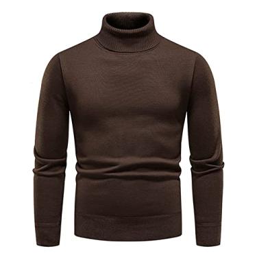 Imagem de Suéter masculino de gola alta slim túnica crochê quente malha básica outono inverno 2024 Y2K, J-831 Café, XX-Large