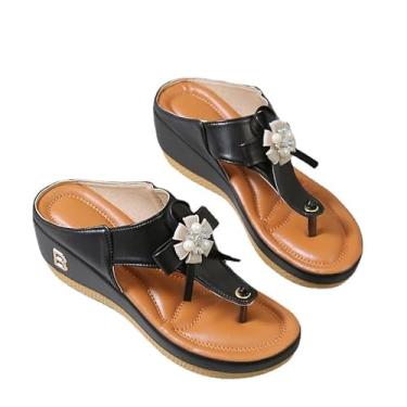 Imagem de NOVAS Sandálias Ortopédicas Femininas de Cunha Baixa Casual Sapatos Baixos Flip Flops Senhoras (Black Flower, Adulto, 35, Numérico, BR)