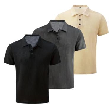 Imagem de 3 peças/conjunto de malha confortável camisa masculina elástica manga curta lapela golfe camiseta verão ao ar livre, presente para homens, Preto + cinza escuro + damasco, XXG