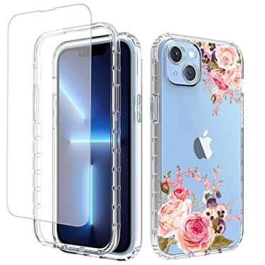 Imagem de Vavies Capa para iPhone 14 Plus 2022 com protetor de tela de vidro temperado, capa de telefone transparente flexível com design floral para Apple iPhone 14 Plus de 6,7 polegadas (flor rosa)