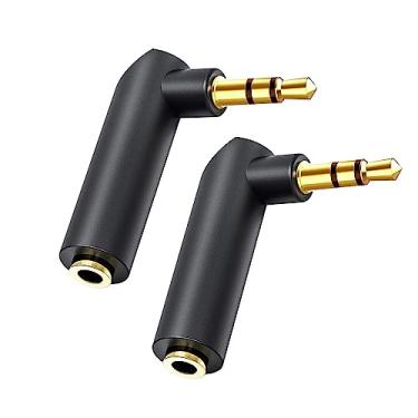 Imagem de Sairps Adaptador auxiliar estéreo TRS banhado a ouro de 90 graus de 3,5 mm - macho para fêmea para fone de ouvido, tablets, MP3 Players e alto-falantes (pacote com 2)