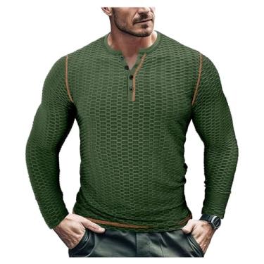 Imagem de Camisetas masculinas manga comprida slim fit esportes Henley camisetas respiráveis fitness cor sólida, Verde militar, XXG