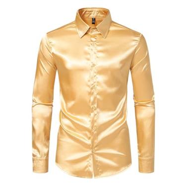 Imagem de Camisa masculina casual slim fit manga longa cetim botão cor sólida brilhante camisa boate, Amarelo, G