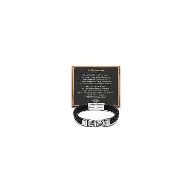Imagem de Presente para homens, pulseira infinita de couro trançado preto para homens, pai, marido, namorado, filho, neto, irmão, sobrinho, tio para sempre, ligados juntos, aço inoxidável, gravada com joia Love