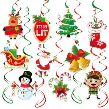 Imagem de Panduola Flâmulas de decoração de festa de Natal vermelho-branco verde - 16 peças de suprimentos de faixa de redemoinhos para pendurar no ano novo, guirlanda de teto para sala de aula, decoração de