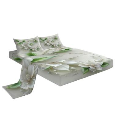 Imagem de Eojctoy Jogo de lençol ultramacio com tema de planta branca 3D de 4 peças, fácil de cuidar com lençol casal com bolso profundo de 40,6 cm, confortável, respirável, ajustado para casa