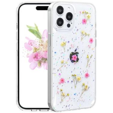 Imagem de CEOKOK Capa transparente para iPhone 12 Pro Max com design de flores prensadas de verdade com glitter padrão floral brilhante fino macio TPU protetor feminino feminino feminino capa de telefone (rosa)
