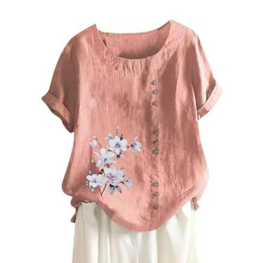 Imagem de Camiseta feminina de linho de verão, estampa floral, gola redonda, botão, manga curta, caimento solto, rosa, 3G