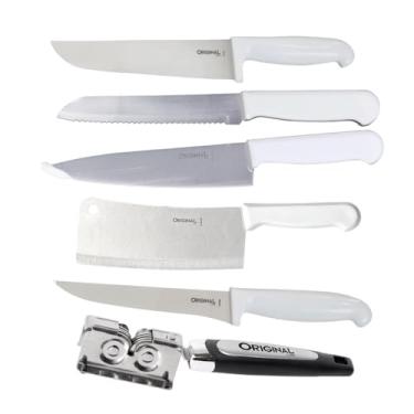 Imagem de Kit 1 Afiador de Facas 19cm + 5 Facas Cutelo 33cm + Faca De Pão 27,4cm + Peixeira 29,3cm + Faca Pro 32,8cm + Faca pro 26