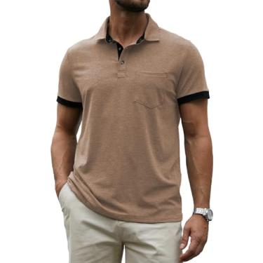 Imagem de Hardaddy Camisa polo masculina casual com bolso, cor contrastante, manga curta, para trabalho, camiseta de verão, Caqui, P