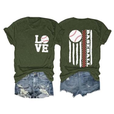 Imagem de Camisetas femininas 2024 Baseball Mom Love American Flag Graphic Tops verão casual manga curta blusas soltas, Verde militar, G