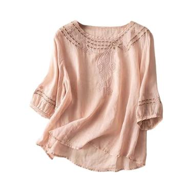 Imagem de Camisetas femininas de linho com estampa floral, gola redonda, manga 3/4, caimento solto, túnica de verão, camisa para sair, rosa, 3G