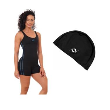 Imagem de Kit Macaquinho Helanca Natação Hidroginástica Com Touca De Tecido (Preto/Turquesa - Touca Preta, XGG)