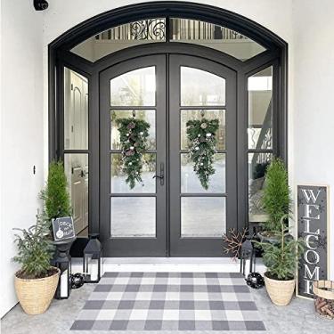 Imagem de SEEKSEE Tapete xadrez Buffalo para ambientes externos 2,3 x 3,6 m Tapete xadrez cinza e branco Tapete lavável Tapete de algodão Boho Tapete para quarto para cozinha, entrada, corredor, porta, fazenda, sala de estar, sala de jogos