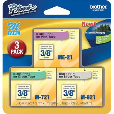 Imagem de Brother ME793 P-Touch M Tape 3/pacote, preto em rosa, preto em verde, preto em prata