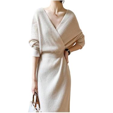 Imagem de Vestido de malha primavera outono tricô suéter vestido longo feminino com decote em V manga completa sem costas vestido de malha chique e elegante vestidos de escritório femininos, bege, tam