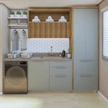 Imagem de Lavanderia Modulada com Armário Aéreo,1 Balcão e 1 Armário Multiuso 100% Mdf Marquesa Marrom/Verde