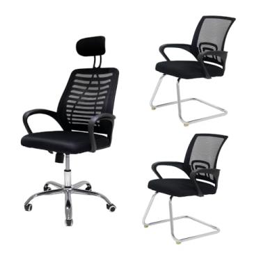 Imagem de Kit Conjunto Cadeira Presidente Tela Mesh Ribs com Apoio de Cabeça + 2 Cadeiras Fixas Detroit para Escritório e Home Office Regulagem de Altura e Sistema Relax