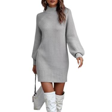 Imagem de BeiRiJL Vestido suéter elegante respirável mini vestido feminino de malha de inverno canelado colado ao corpo curto para escritório, Cinza, M