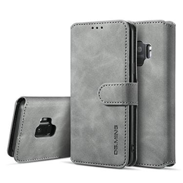 Imagem de UEEBAI Capa de couro PU para Samsung Galaxy S9, capa flip vintage retrô premium carteira flip capa interna de TPU [compartimentos para cartão] [fecho magnético] função de suporte fólio à prova de choque proteção total - cinza