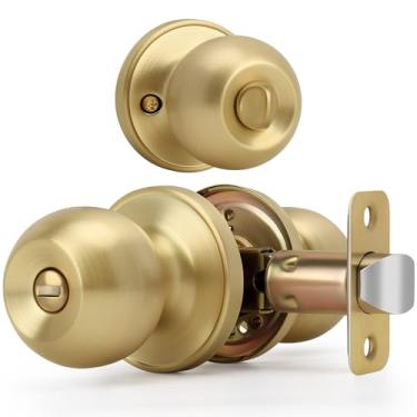 Imagem de LOQRON Maçaneta de porta com design de esfera dourada escovada com trava, maçaneta sem chave redonda de privacidade para banheiro/quarto, acabamento em latão acetinado