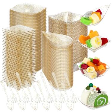 Imagem de Conjunto de mini pratos de sobremesa de plástico transparente, 400 unidades, mini pratos de aperitivo, formas sortidas, tigelas de sobremesa transparentes com colheres e garfos, bandeja de plástico descartável para festa de casamento (estilo glitter)