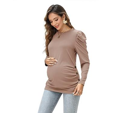 Imagem de FUNJULY Camisetas femininas de maternidade gola quadrada manga comprida fofas casuais túnica blusa babydoll roupas de outono, Damasco, GG