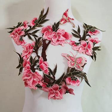 Imagem de 1 conjunto de apliques de bordado de flor de lótus costurados em pacotes de tecido de renda com motivos para roupas decoradas DIY (cor laranja e rosa)