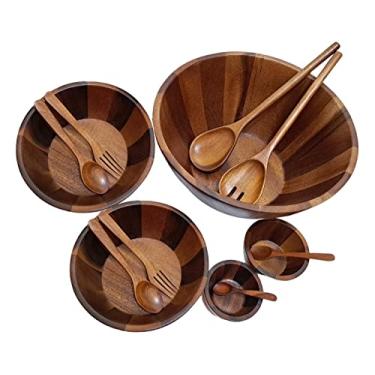 Imagem de Conjunto redondo grande de madeira de acácia com 5 tigelas de servir, 2 peças, 10,16 cm, 10,16 cm, com utensílios, garfos e colheres de madeira, tamanho misto, prato empilhável, frutas, salada, vegetal, macarrão, sopa, cereal, decoração de ninho de madeira
