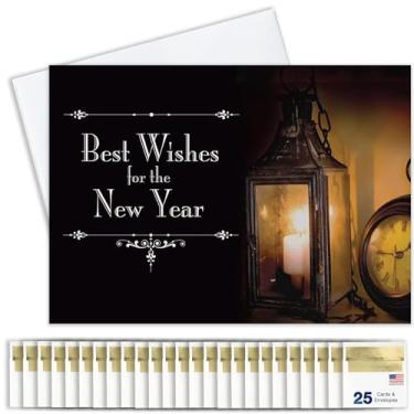 Imagem de Cartões comemorativos de ano novo - H6011. Cartões comemorativos com uma vela antiga e um relógio de bolso. O conjunto de caixa tem 25 cartões comemorativos e 26 envelopes brancos com forro dourado.