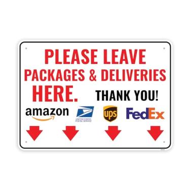 Imagem de Placa de entrega de 1 peça - Deixe pacotes e entregas aqui, com seta para baixo, 35 x 25 cm - Alumínio - Instruções para pedidos da Amazon, UPS, FedEx, USPS