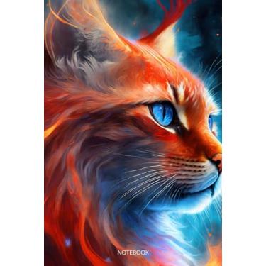 Imagem de Cool Colorful Furry Cat Illustration Graphic Art Journal Paperback: 100 Blank Ruled Pages 6x9 inch: Close Up of Cat, like a Phoenix Fire, Red and Blue ... Graphic Art Notebook Diary, Back to School
