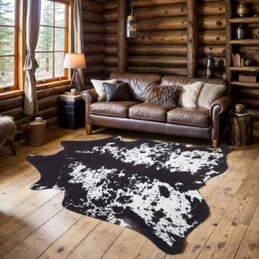 Imagem de Tapete com estampa de vaca, tapete de couro de vaca sintético, decoração ocidental, tapetes com estampa de animais para sala de estar, quarto, escritório (preto e branco, 14 x 16 m)