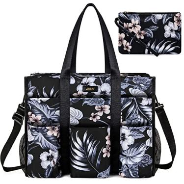 Imagem de IBFUN Bolsa utilitária com bolsos 14/24 com zíper superior para professoras/mulheres que trabalham, B6-l-preto/folhas, Large