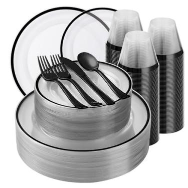 Imagem de BESTSTAR Conjuntos de louças de plástico preto e transparente beststar 350pcs para 50 convidados, incluem 100 pratos descartáveis ​​pretos, 100 garfos, 50 facas, 50 colheres, 50 xícaras