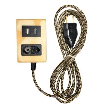 Imagem de Extensão Decorativa de Madeira 1 Tomadas 2 USB Cabo 150cm Bivolt 10A Régua Elétrica Decoração Organização Mycena Studio
