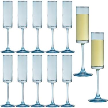Imagem de 12 peças de taças de champanhe azuis, taças de vinho de 170 g, com haste longa, taças coloridas, conjunto de 12 taças de champanhe sopradas à mão para copos de coquetel de casamento, Cava, Prosecco