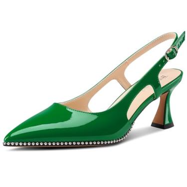 Imagem de TNYNFBEB Sapato feminino de salto gatinho bico fino com contas de prata e fivela sem cadarço vestido de formatura básico clássico couro envernizado verão salto de 6 cm, Verde escuro, 35