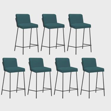 Imagem de Kit 07 Banqueta Alta Com Encosto Drika Industrial Cozinha Bistrô Ferro Preto Suede Azul Turquesa - Ahz Móveis