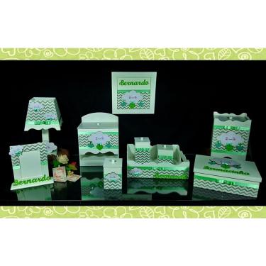 Imagem de Kit Higiene bebê Mdf 10 peças - chuva de amor chevron cinza com verde