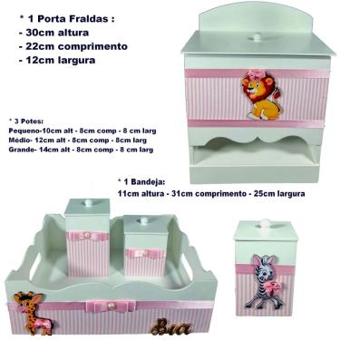 Imagem de Kit de Higiene de bebê madeira Mdf Meninas 5 pçs - safari menina rosa listrado