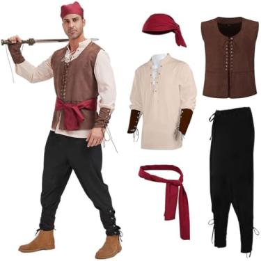 Imagem de LUTICELI Conjunto de 5 peças de fantasia de pirata masculina medieval renascentista, colete com faixas, cinto viking, acessório para lenço de cabeça, Cáqui + marrom + preto, G